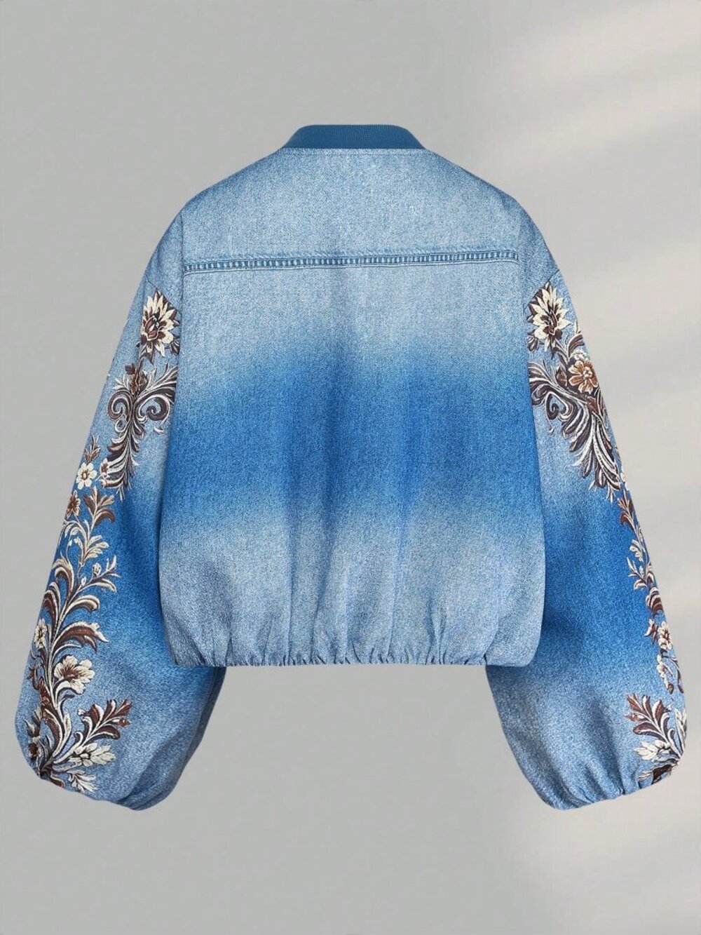 Blue Casual Women's Elegant Floral Print Loose Fit Zip-Front Denim Jacket - Picture 2 of 8